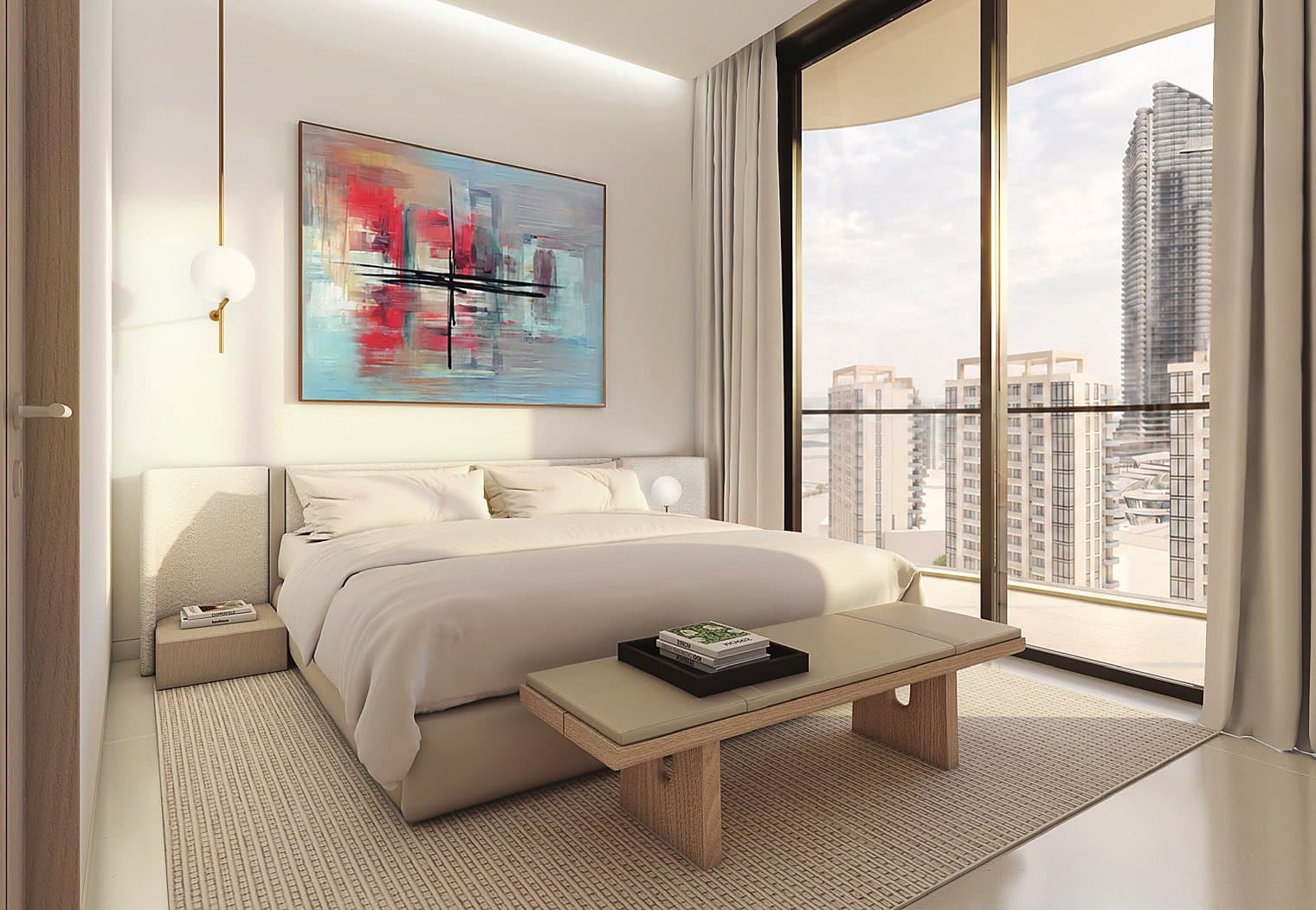 A bedroom with floor-to-ceiling glass