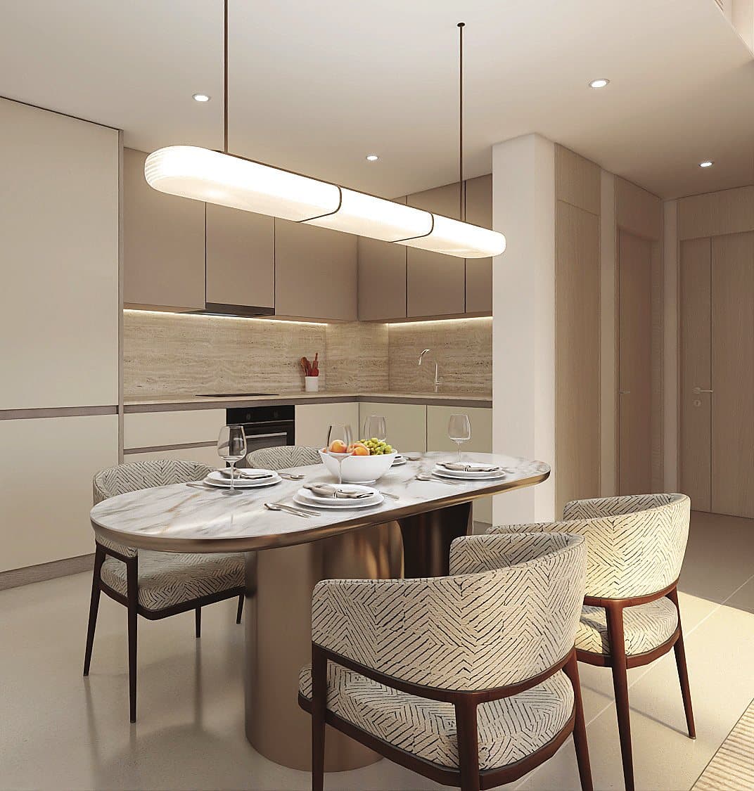 A kitchen and dining area