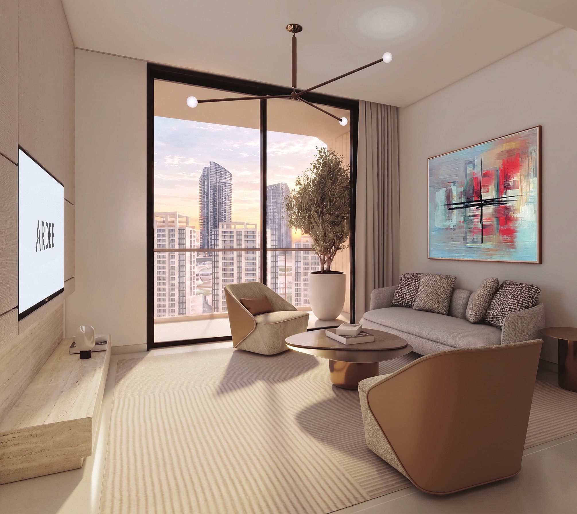 A living room with the balcony beyond