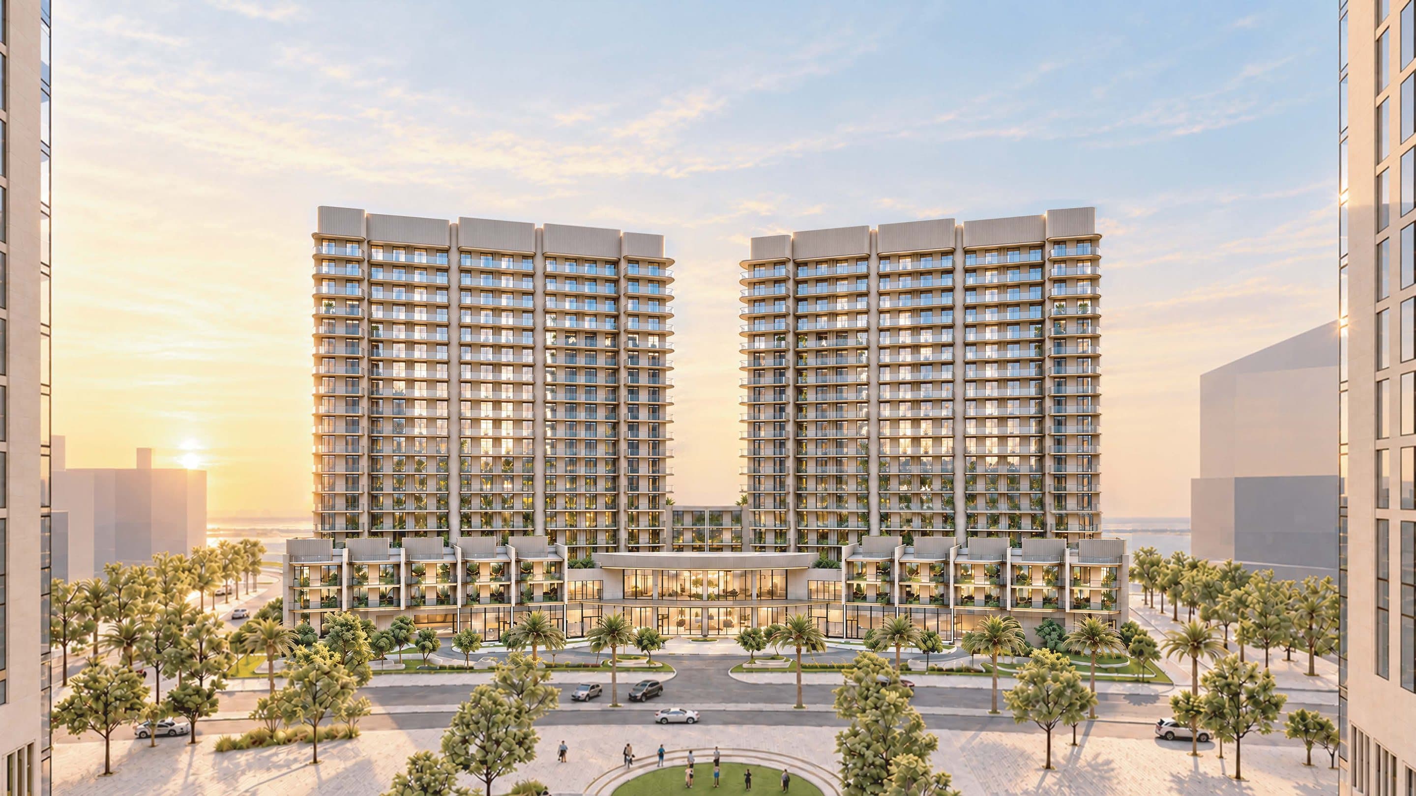 Ardee Views — two residential towers at sunset on Al Marjan Island